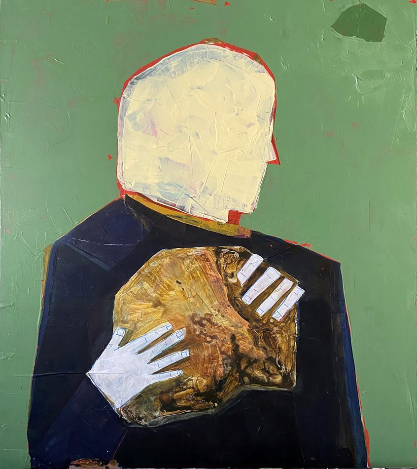 illustration of Figure holding a large abstract stone.
paint, figurative, portrait, faceless, conceptual, abstract, simple, painterly, gold, rock, fools gold, mineral, mining