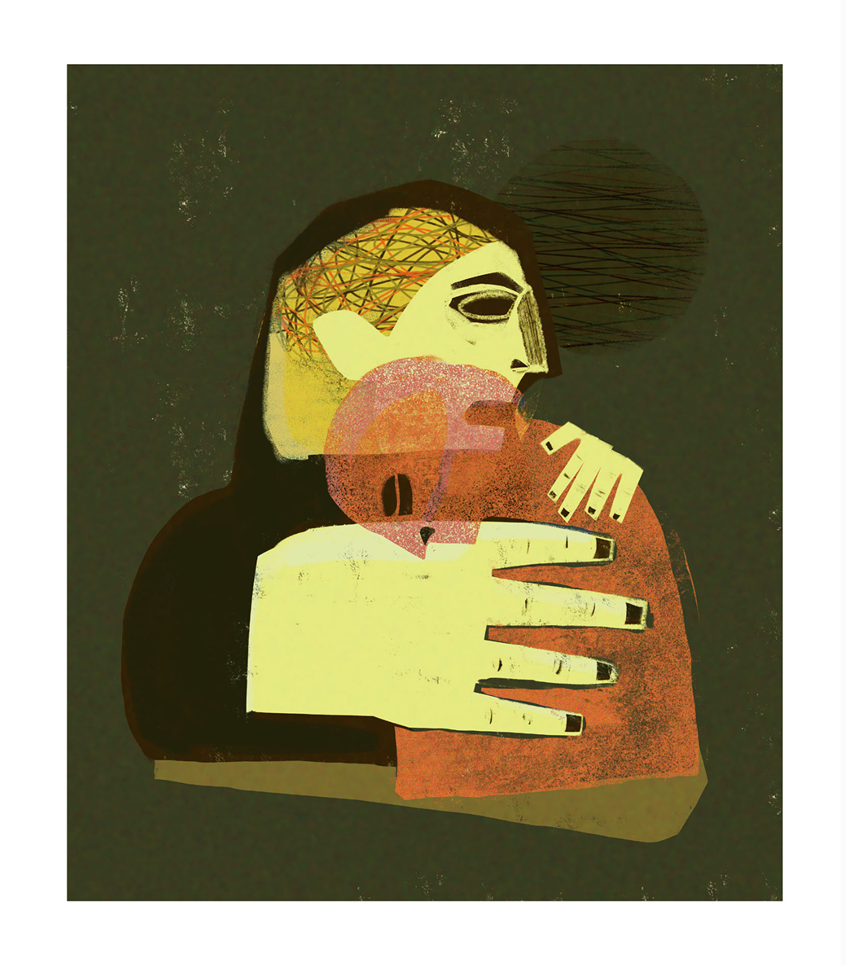 illustration of Embrace, memory, memories, death, longing, illness, quarantine, separation, hug, ghost, phantom, family, love, mental illness, depression, friendship, gratitude, home, sleep, conceptual, conceptual art, Covid, Covid-19