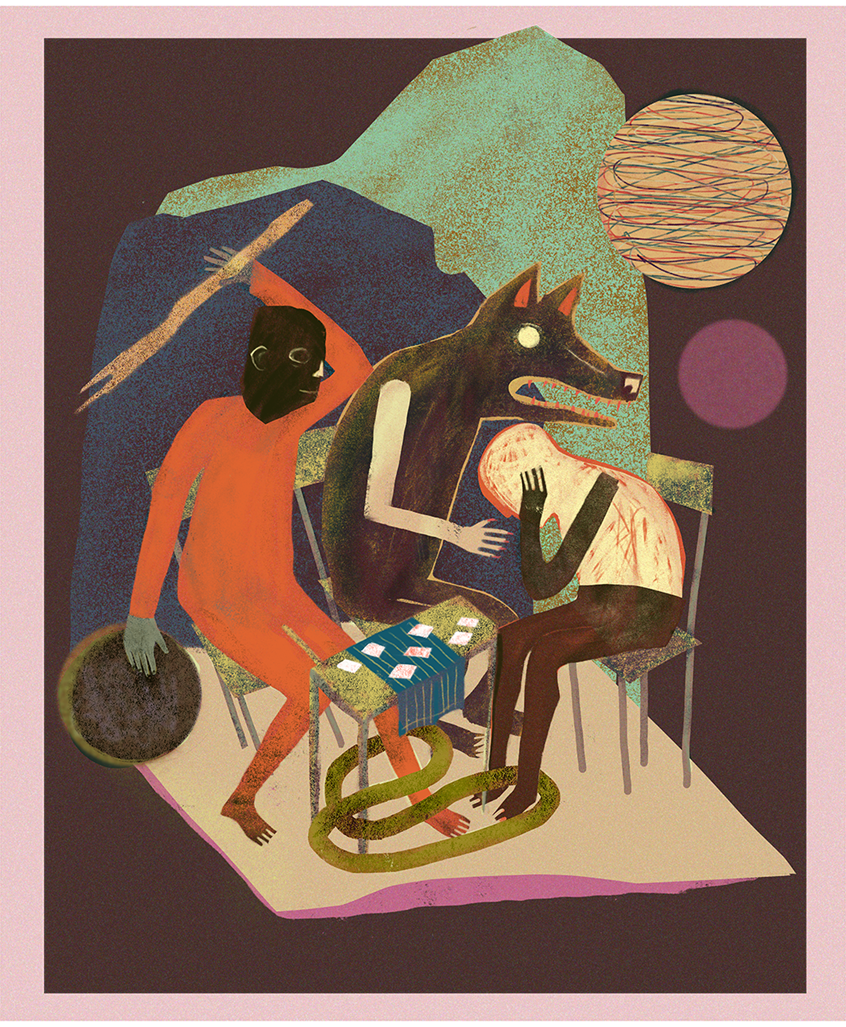 illustration of wolf man, cards, camping, invisible, invisible man, folding chairs, villains, monsters, monster, story, group, gathering, outdoor, folding table, night, night scene, dream, dreamscape, conceptual, conceptual art