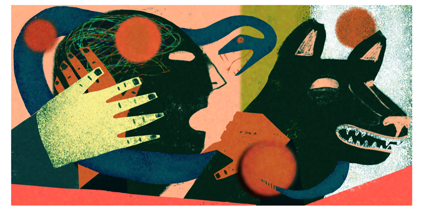 illustration of isolation, dramatic, danger, animals, dog, wolf, hand, hands, anguish, conceptual, conceptual art, nightmare, dream, mental, mental health, phycology, trap, torment, gasping, hypnosis, meditation, technology, lithium, health, race, racism, fear, toxic, joy, depth