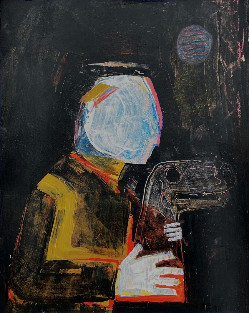 illustration of Painting for group show
isolation, dramatic, portrait, anguish, conceptual, conceptual art, nightmare, dream, mental, mental health, phycology, hypnosis, meditation, halo, angelic, dinosaur, raptor, mask, painterly, faceless, black, night, covid, technology, lithium, health, race, racism, fear, toxic, joy, depth, solitude, man, person, stoic,