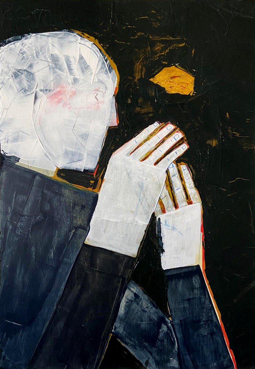 illustration of Single, hands, isolation, dramatic, portrait, anguish, conceptual, conceptual art, nightmare, dream, mental, mental health, phycology, hypnosis, meditation, halo, angelic, painterly, faceless, black, night, covid, technology, lithium, health, race, racism, fear, toxic, joy, depth, solitude, man, person, stoic, simple, oil, acrylic, pencil