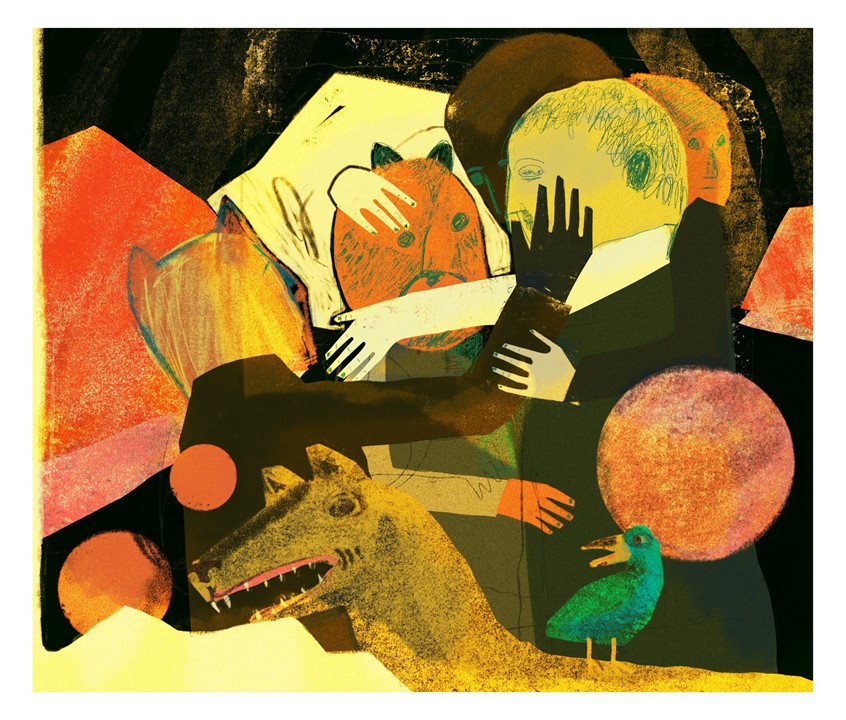 illustration of Group Hug, Night, outside, animals, costume, character, dog, jackal, bird, birds, blue bird, conceptual, conceptual art, figures, people, landscape, mountains, touch, friendship, sex, hands, heads, face, dark, bears, weird, graphic, messy, sketchy, quarantine, after quarantine, flu, flu season, dramatic,