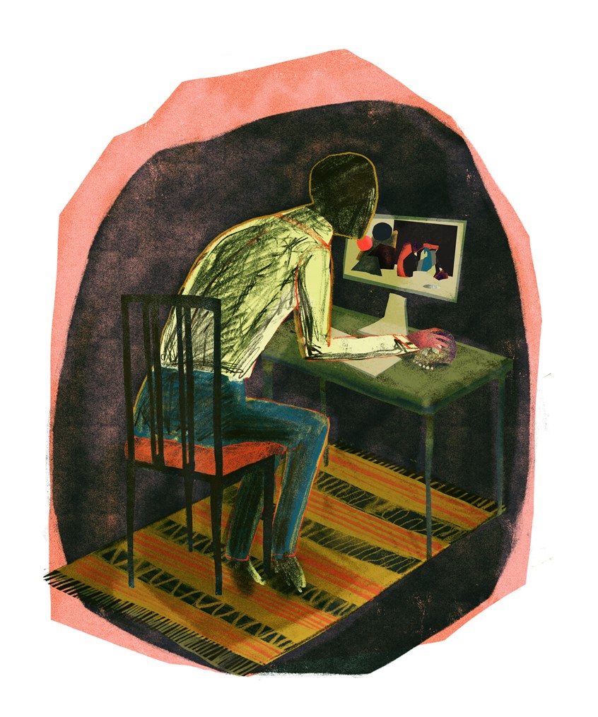 illustration of home and living, home decor, home decore, new home, office decor, personalized home, Computers, desktop, skull, scary, cave, rug, pattern, dark, alone, lonely, busy, working, work, sitting, hunched, concentrate, Covid, lockdown, new world, new work, new office.
