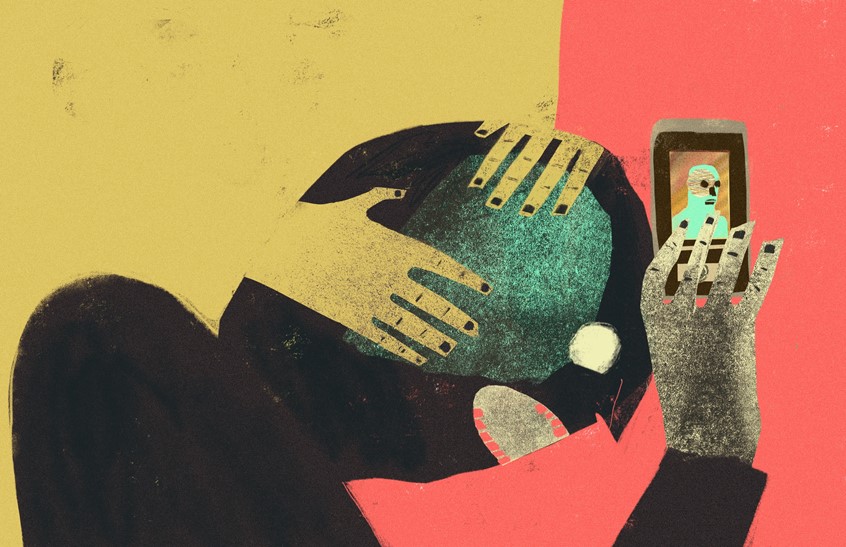 illustration of figure being overwhelmed by the unknown weight ed hands of modern life as he grips his phone in despondent terror.
iPhone, galaxy, apple, technology, simple, hands, force, anxiety, grasping, stress,