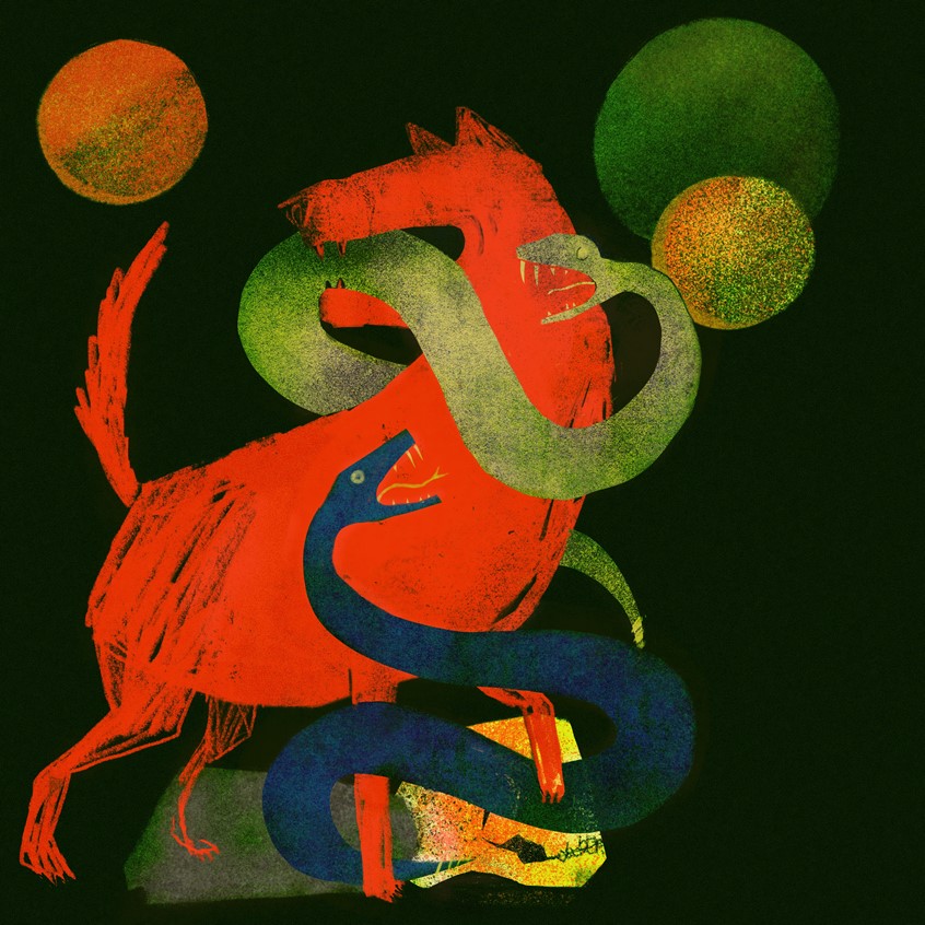 illustration of isolation, dramatic, danger, animals, dog, wolf, hand, hands, anguish, conceptual, conceptual art, nightmare, dream, mental, mental health, phycology, trap, torment, fight, battle, meditation, technology, space, astronomy, race, racism, fear, toxic, joy, depth, album, album art, hip hop, moody, red, blue, green