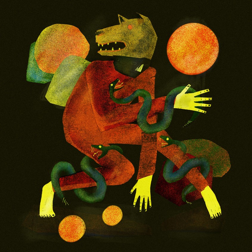 illustration of isolation, dramatic, danger, animals, dog, wolf, hand, hands, feet, anguish, conceptual, conceptual art, nightmare, dream, mental, mental health, phycology, trap, torment, fight, battle, meditation, technology, space, astronomy, race, racism, fear, toxic, joy, depth, album, album art, hip hop, moody, red, blue, green, snakes, dark