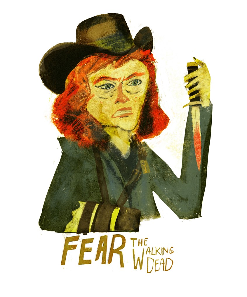 illustration of Having fun with TV. Virginia, the villain of this season of Fear The Walking Dead, she's a wonderful mix of Girl Scout Troop Leader and Joseph Stalin.
walking dead, fear the walking dead, hand lettering, portrait, cowgirl, cowboy, western, Mac, amctv, thewalkingdead, fearthewalkingdead, comics, television, horror, entertainment, villain, scary, goldenchildrensbooks, woman, red hair, dark, zombie, zombies, walker