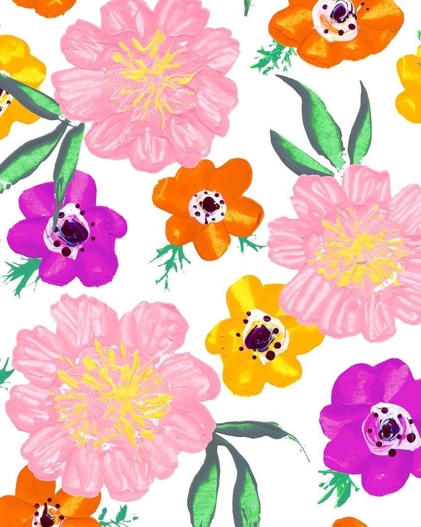 illustration of Brightly colored flowers, organic patterns, Floral design, fuchsia flowers, violet, orange, pink, spring, spring love, flower power, romantic flowers, pink petals,