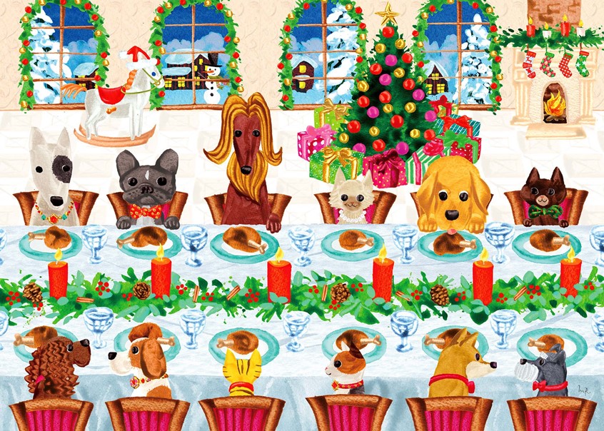 illustration of Grand Christmas party with dogs. Variety of dog types. great hall, Christmas holiday, Christmas decoration, Christmas tree, winter holiday, Christmas season, holiday season, jolly
