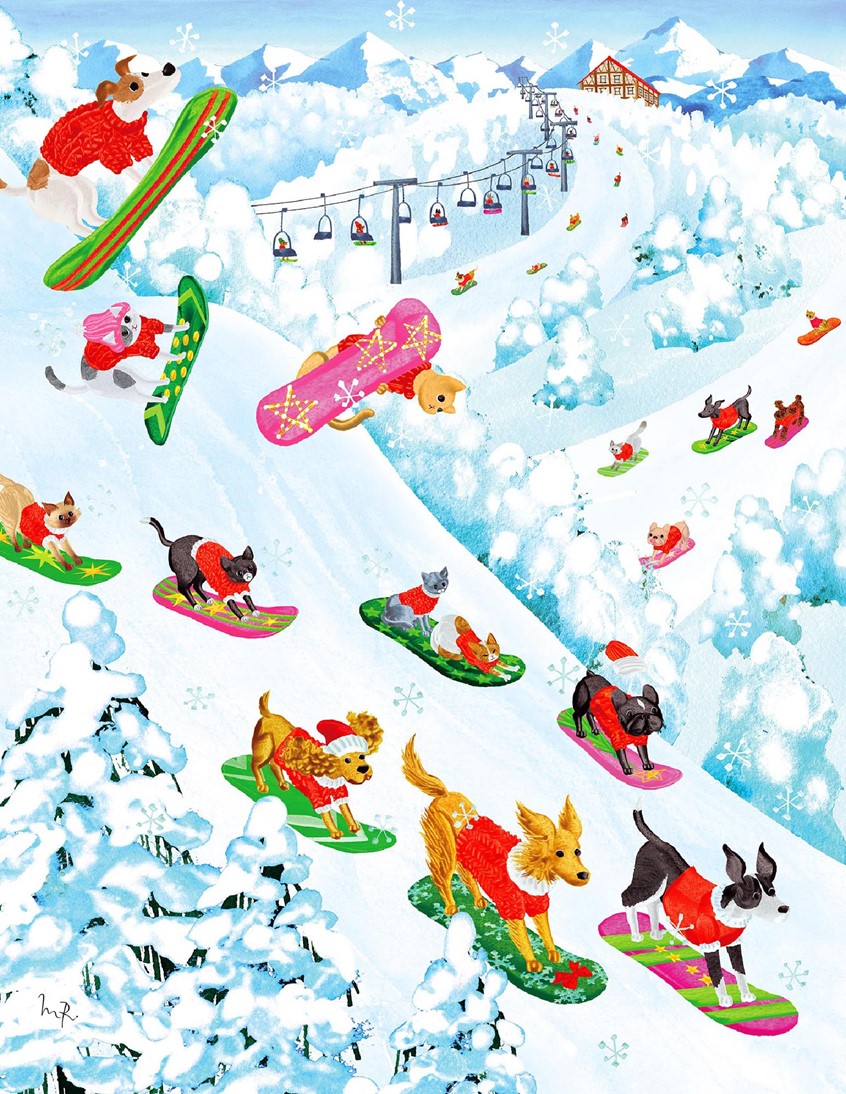 illustration of Dogs and cats snowboarding down a mountain slope.
snow covered mountain, ski slope, ski holiday, snowboarder, winter holiday, winter scene, winter in the mountains, fun sport, snow fun, delightful sight