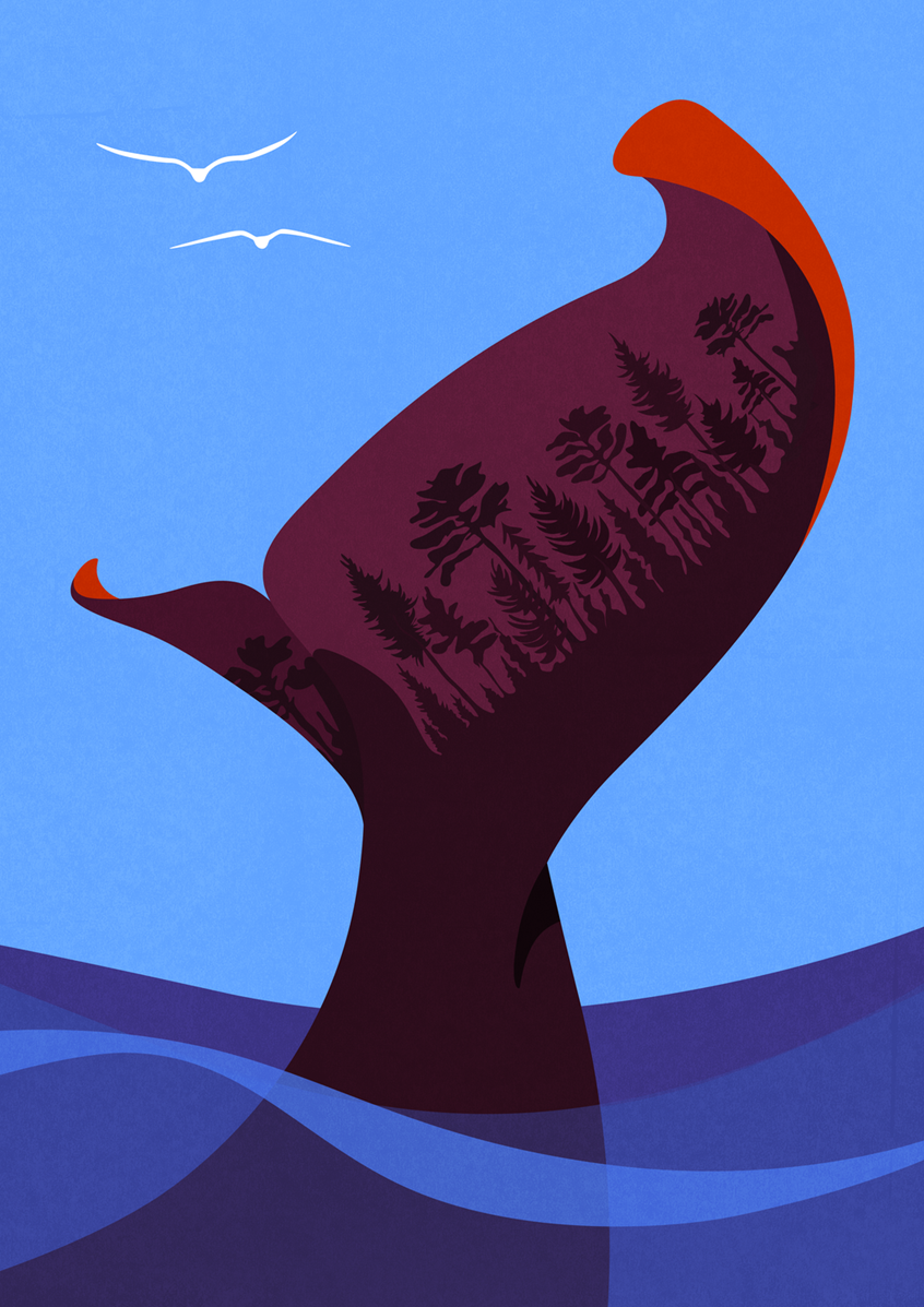 illustration of One whale is worth more than 1000 trees when it comes to carbon sequestration.
Save the whales ; environmentalism ; climate change ; save the planet