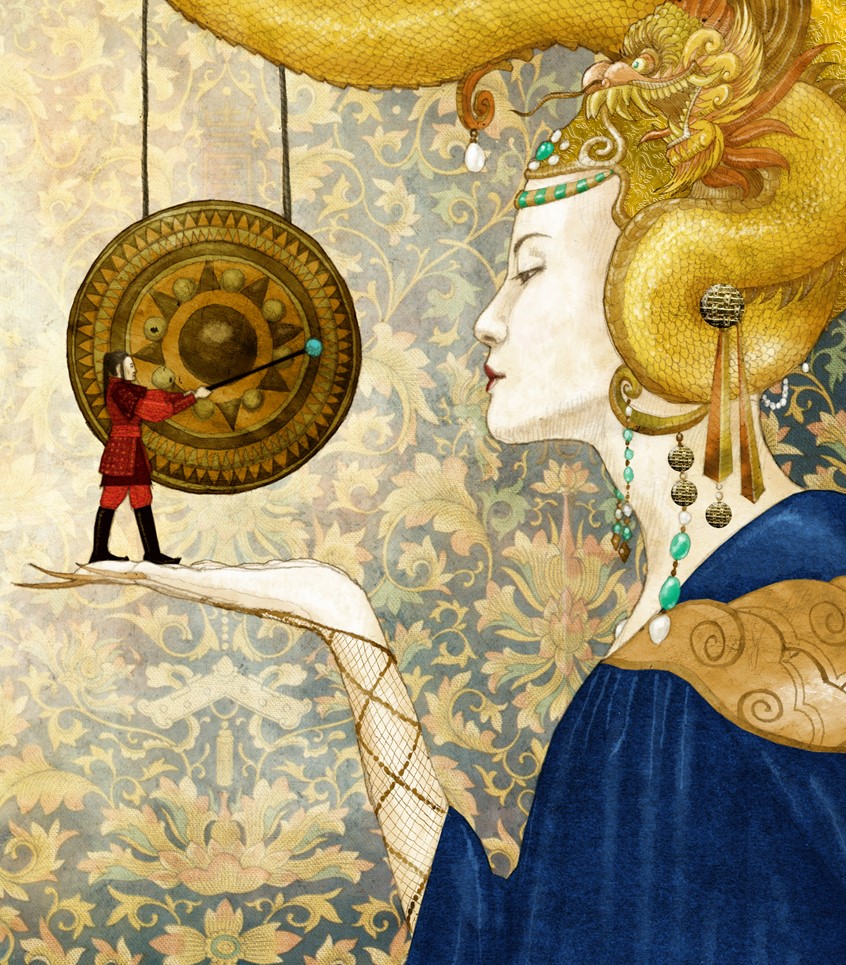 illustration of Series of illustrations for a music history book.
The ice princess symbolically holds her suitor in her hand.
Puccini, Opera, China, gong, cruel woman, Chinese patterns, gold, dragon, jewels, profile portrait, classical music.