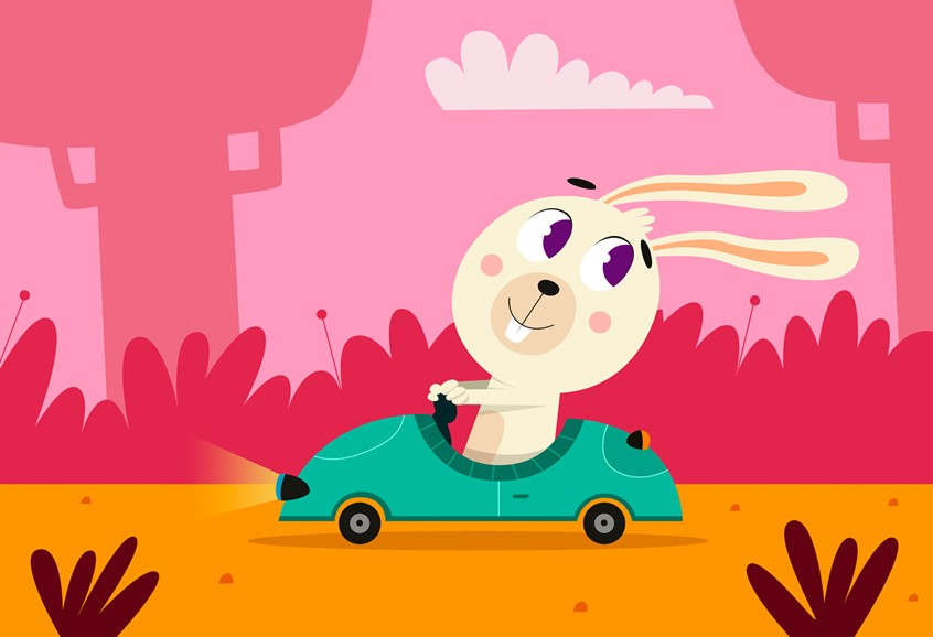 illustration of F/C illustration of rabbit driving a car done for an educational game, digital images, logo, editorial, social studies, children illustrations, vector art, people, character development, food, children books, whimsical illustrations, animals, maps, packaging, children, school books, album covers, toys and games, education, posters, travel, lettering, typography, design.