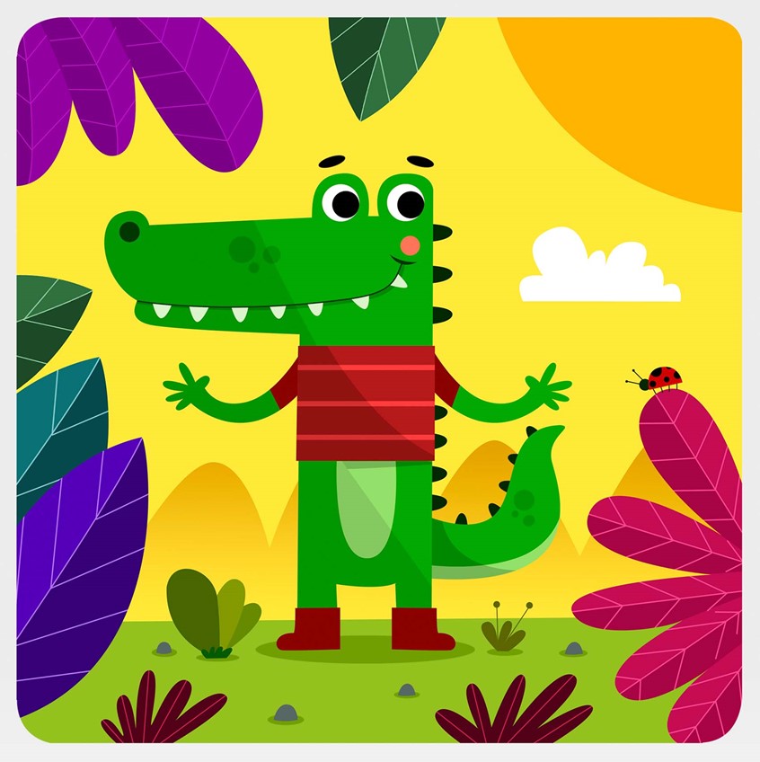 illustration of F/C illustration of crocodile done for a puzzle, digital images, logo, editorial, social studies, children illustrations, vector art, people, character development, food, children books, whimsical illustrations, animals, maps, packaging, children, school books, album covers, toys and games, education, posters, travel, lettering, typography, design.