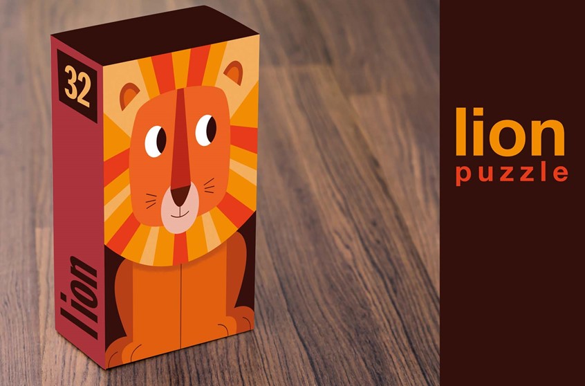 illustration of F/C illustration of stylized lion for puzzle packaging, digital images, logo, editorial, social studies, children illustrations, vector art, people, character development, food, children books, whimsical illustrations, animals, maps, packaging, children, school books, album covers, toys and games, education, posters, travel, lettering, typography, design.