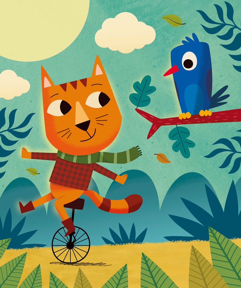 illustration of F/C illustration of cat ridding a monocycle, digital images, logo, editorial, social studies, children illustrations, vector art, people, character development, food, children books, whimsical illustrations, animals, maps, packaging, children, school books, album covers, toys and games, education, posters, travel, lettering, typography, design.