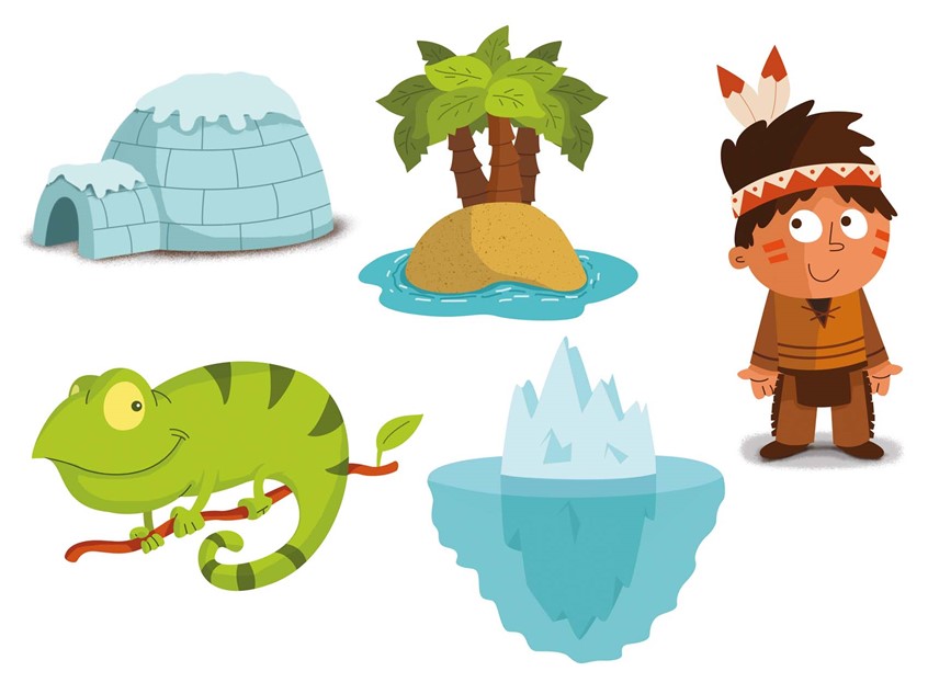 illustration of F/C illustration of child, animal, island, glacier and igloo for children books, digital images, logo, editorial, social studies, children illustrations, vector art, people, character development, food, children books, whimsical illustrations, animals, maps, packaging, children, school books, album covers, toys and games, education, posters, travel, lettering, typography, design.