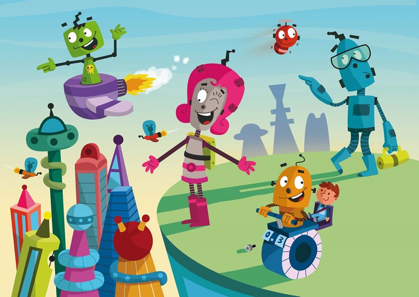 illustration of F/C illustration of robot family, digital images, logo, editorial, social studies, children illustrations, vector art, people, character development, food, children books, whimsical illustrations, animals, maps, packaging, children, school books, album covers, toys and games, education, posters, travel, lettering, typography, design.
