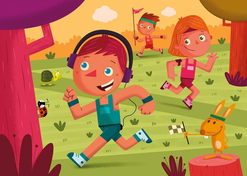 illustration of F/C illustration of children running for puzzle, digital images, logo, editorial, social studies, children illustrations, vector art, people, character development, food, children books, whimsical illustrations, animals, maps, packaging, children, school books, album covers, toys and games, education, posters, travel, lettering, typography, design.