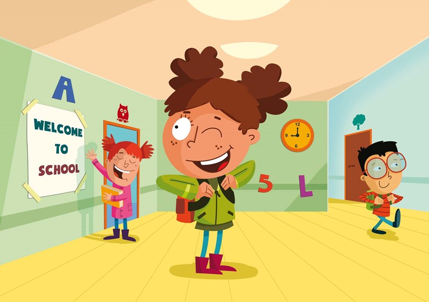 illustration of F/C illustration of children inside school, digital images, logo, editorial, social studies, children illustrations, vector art, people, character development, food, children books, whimsical illustrations, animals, maps, packaging, children, school books, album covers, toys and games, education, posters, travel, lettering, typography, design.