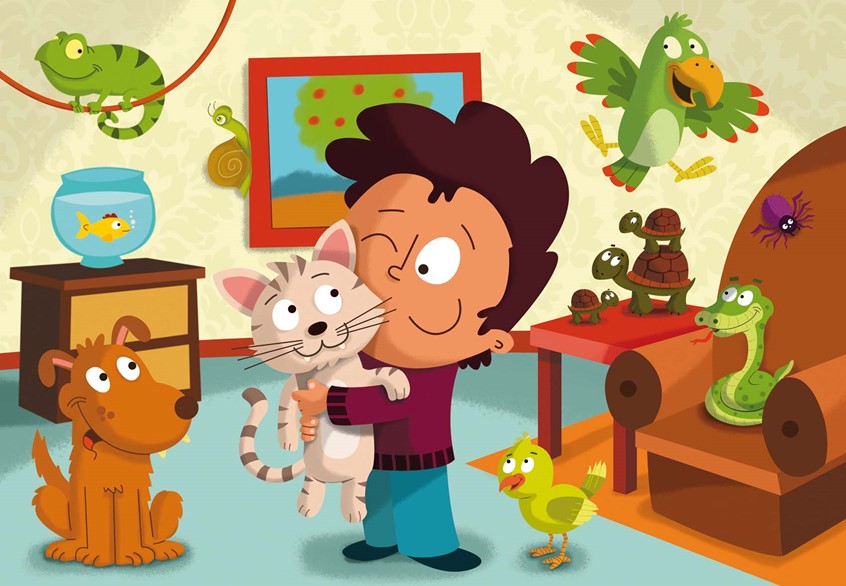 illustration of F/C illustration of child playing with pets inside home, digital images, logo, editorial, social studies, children illustrations, vector art, people, character development, food, children books, whimsical illustrations, animals, maps, packaging, children, school books, album covers, toys and games, education, posters, travel, lettering, typography, design.