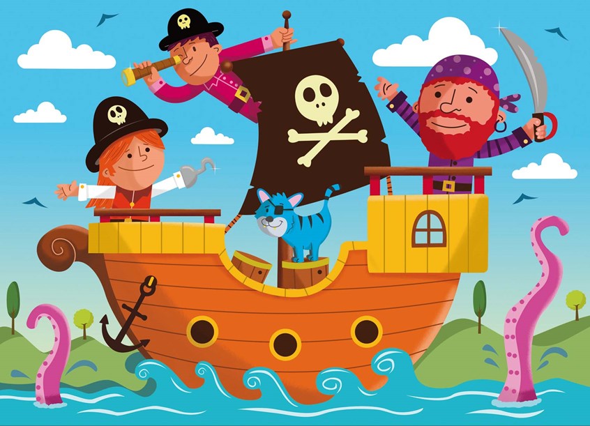 illustration of F/C illustration of pirate ship, digital images, logo, editorial, social studies, children illustrations, vector art, people, character development, food, children books, whimsical illustrations, animals, maps, packaging, children, school books, album covers, toys and games, education, posters, travel, lettering, typography, design.