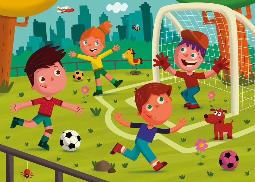 illustration of F/C illustration of children playing soccer for a puzzle, digital images, logo, editorial, social studies, children illustrations, vector art, people, character development, food, children books, whimsical illustrations, animals, maps, packaging, children, school books, album covers, toys and games, education, posters, travel, lettering, typography, design.