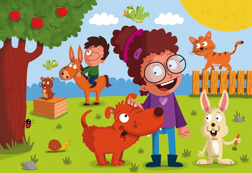 illustration of F/C illustration of children playing with pets outdoors for a puzzle, digital images, logo, editorial, social studies, children illustrations, vector art, people, character development, food, children books, whimsical illustrations, animals, maps, packaging, children, school books, album covers, toys and games, education, posters, travel, lettering, typography, design.