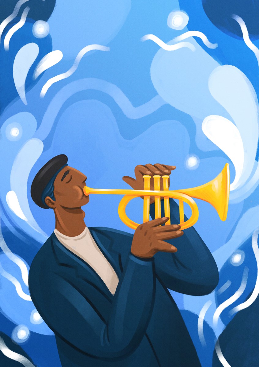 illustration of Jazz, Blue, Music, Festival, Trumpet, Blues, Soul Rhythm, Soul, Retro, Poster, Drums, Saxophone, Black People, Art, Movement, Band, Piano, Bass, Album, Cover, Album Cover, Editorial, Bright, Colorful, Light, Vintage