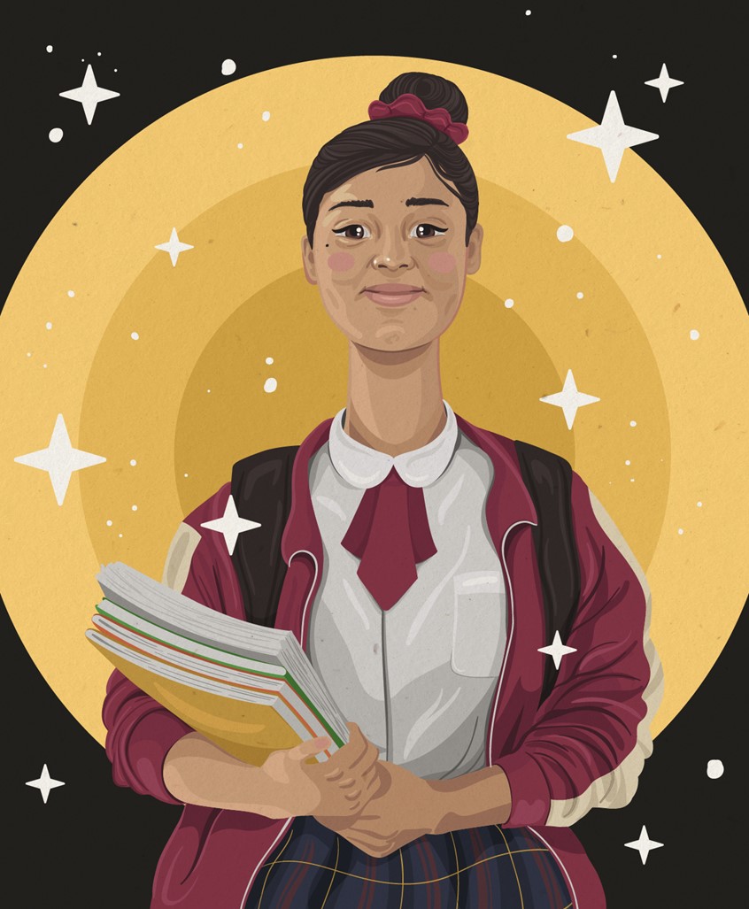 illustration of Illustrations for the book Mancha Brava of peruvian writer Antonio Orjeda.
Girl, Feminism, School, Schoolar, Books, Student, Elementary School, Middle School, Children's books, Children, Power, Stars, Confident, Yellow, Black, Red, Maroon, Burgundy, Study