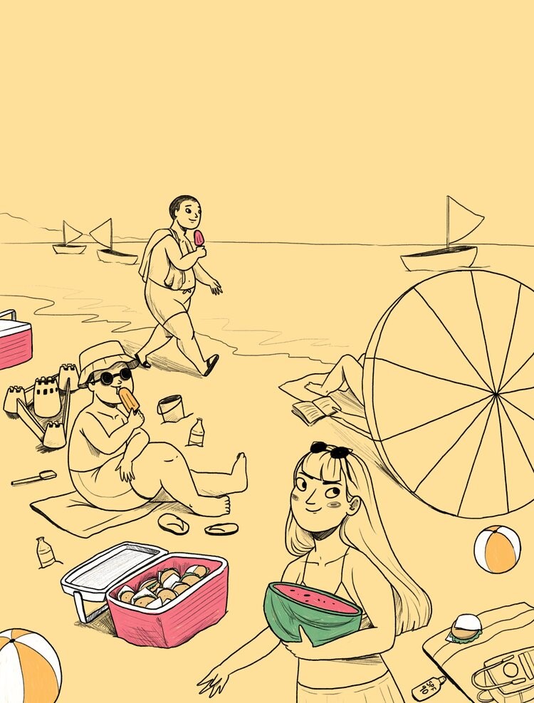 illustration of Deli & Drink is a publication of the COSAS group for exclusive customers of Wong supermarkets. In this occasion, I illustrated one of the summer editions where the concept was “summer coolers”.
Summer, Beach, Ice cream, Food, Food illustration, Fruit, Watermelon, Umbrella, Fun, Celebration, Sea, Cool, Friends, Friendship, Vintage, Retro, Peru