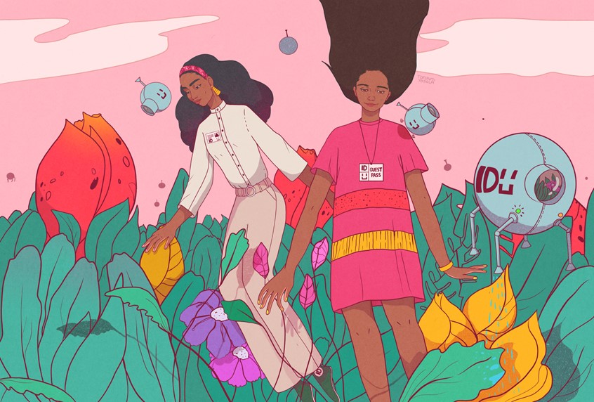 illustration of It's 2137, The Government are running a campaign to to encourage young people to pick up STEM subjects. A scientist at Interplanetary Design (Mars HQ) shows a visitor around the outdoor labs where for the first time in a millennia, flora and fauna like those found on earth can now be replicated. Watering robots hover around monitoring the plants.