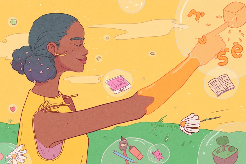 illustration of Dear Damsels commisssioned an illustration that would be used to promote their second writing prompt for 2021 Submissions, MUSE. It accompanied communications to writers/the public via their socials, their website and newsletter.