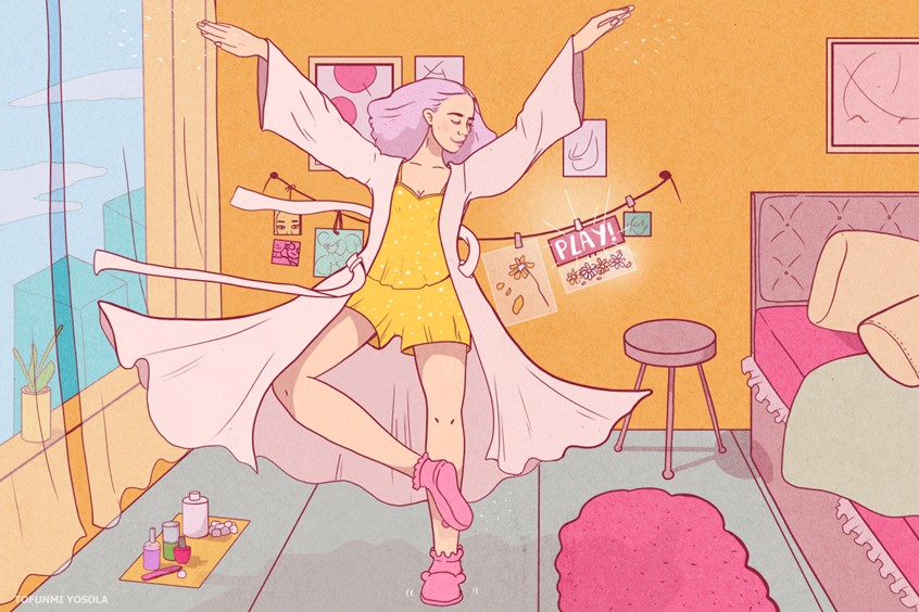 illustration of Dear Damsels commissioned an illustration that would be used to promote their first writing prompt for 2021 Submissions, PLAY. It accompanied communications to writers/the public via their socials, their website and newsletter.