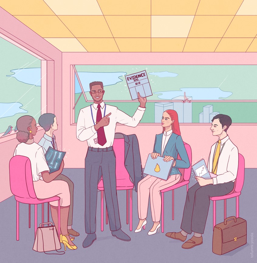 illustration of Cover illustration for the American Bar Association’s Litigation Journal, Spring 2021, the theme was “Show and Tell”, sharing knowledge and learning from others.