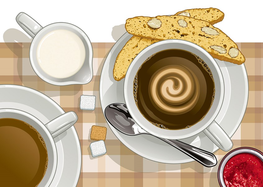 illustration of vector packaging, flat design food, coffee, cup, biscotti, sugar, jelly, teaspoon, cutlery, vector drink, drinks, trompe l'oeil, overhead view, graphic food, dairy packaging, coffee break, swirling cream