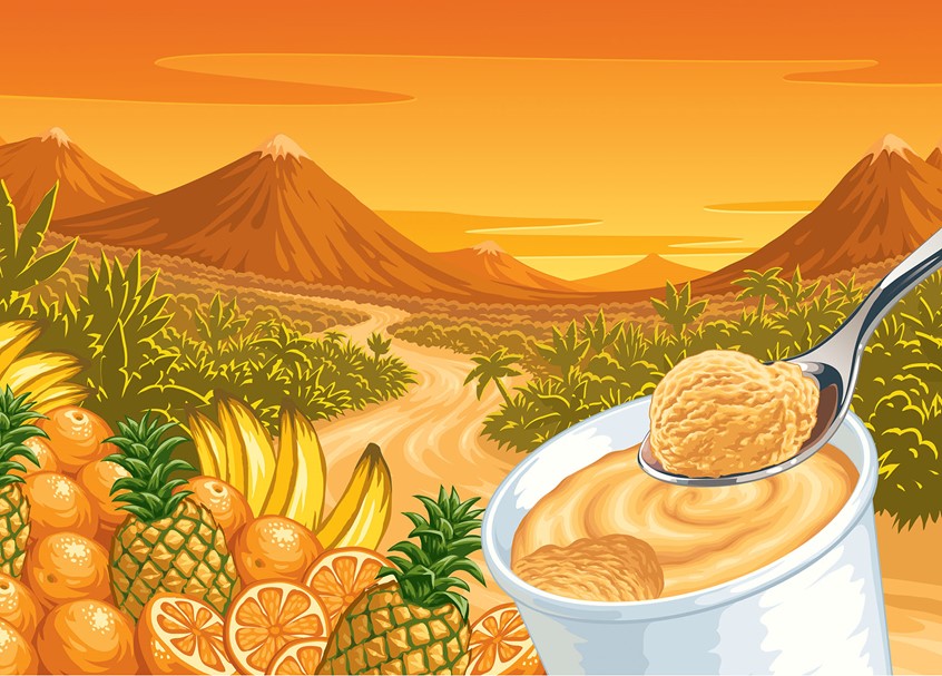 illustration of flat design landscape, pineapple, oranges, bananas, vector fruit, mountain, ice cream scoop, fruit icon, teaspoon, vector foodstuffs, tropical landscape, dessert