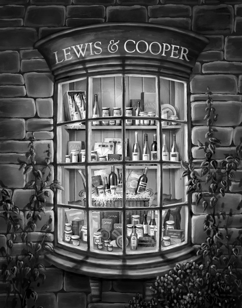 illustration of shop window, storefront, christmas, victorian, cookie tin illustration, black and white, shop window, traditional, wine bottles, food hamper, vintage store