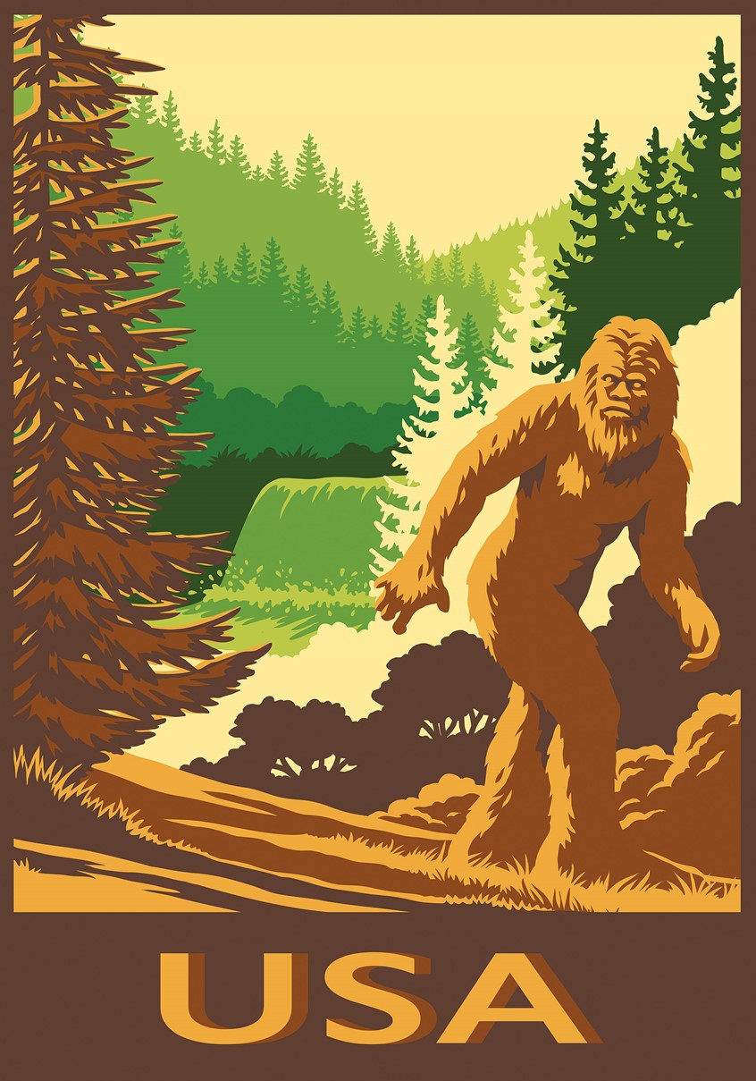 illustration of bigfoot, wilderness, forest, travel posters, myths, legends, vector scenes, vector poster art, tree, waterfall, vintage style, monster