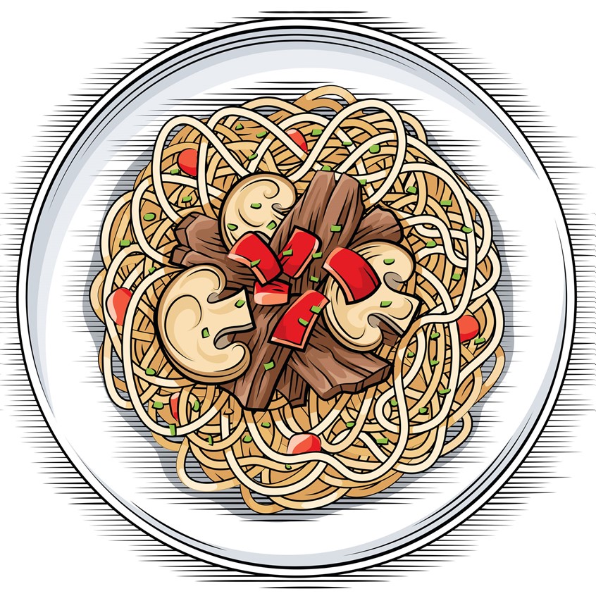 illustration of TV cookery show, sliced mushrooms, dinner, pasta sauce, food shows, italian, Italy, meat, beef, flat design plate, restaurant, masterchef, cuisine