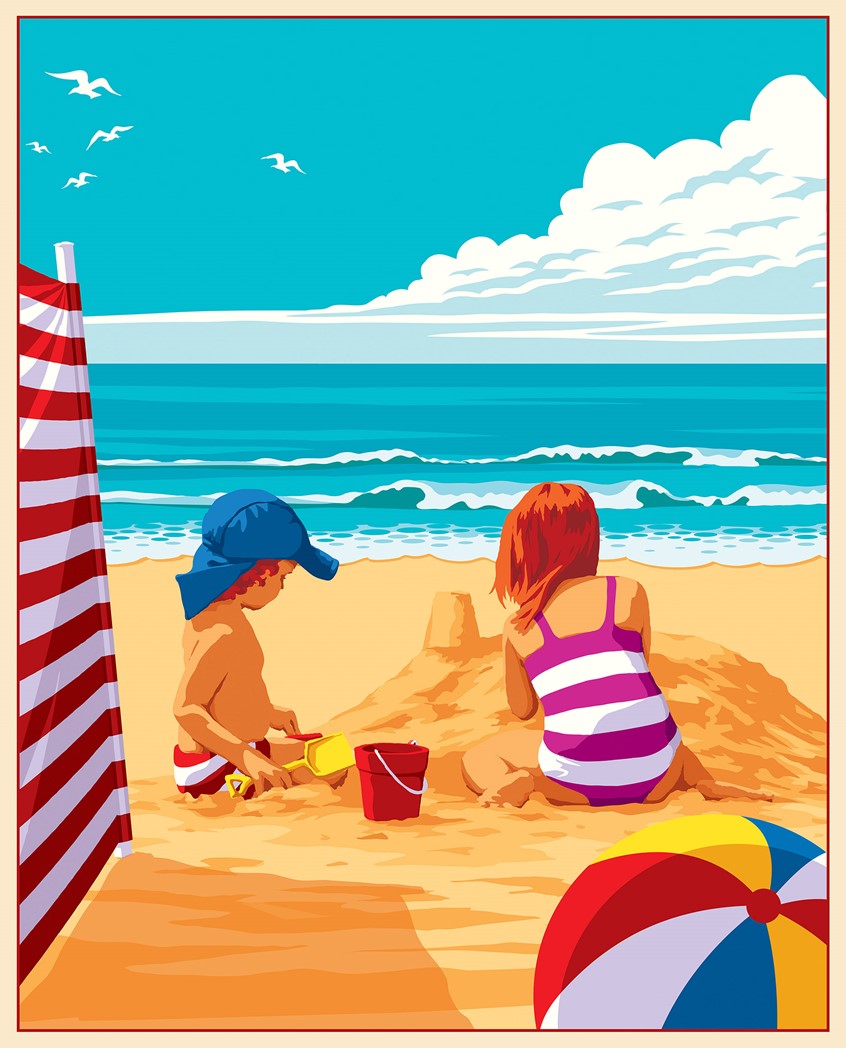 illustration of vintage travel poster, vector beach scene, sandcastle, kids, vector people, sea, coast, vacation, flat design, figurative vector, retro, clouds, waves, sunbathing, children, play, beachball