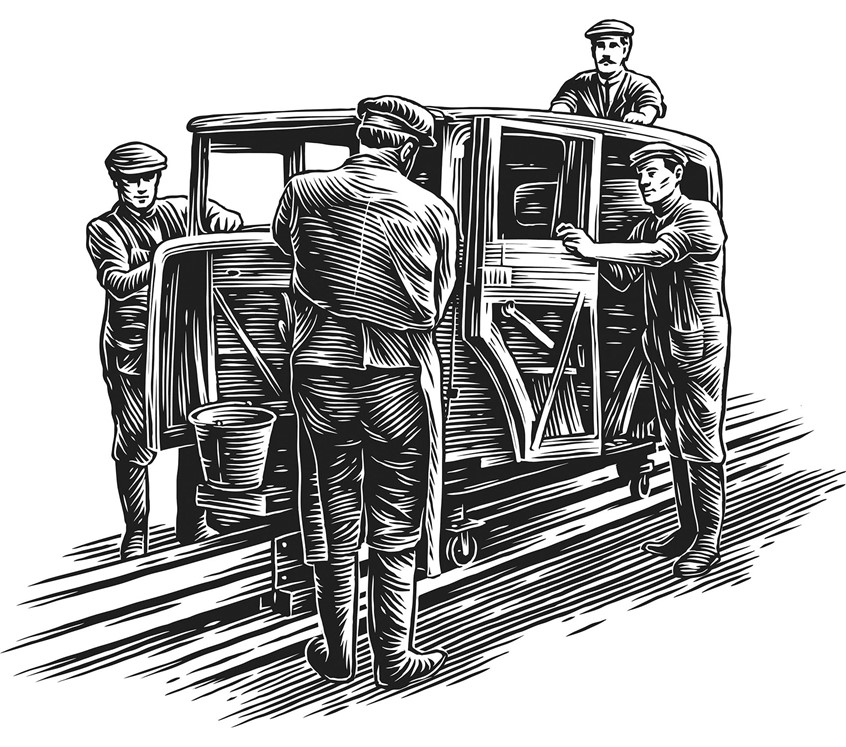 illustration of wood engraving, transport, industry, car, manufacturing, factory, workers, work, retro, traditional, scratchboard figures, figurative woodcuts, workforce, history