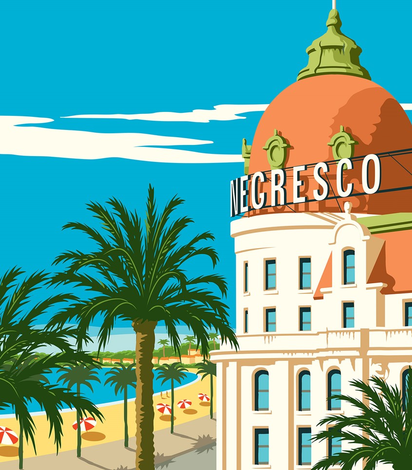 illustration of hotel, vector buildings, beach, palm trees, beach scenes, seaside, france, vintage travel, retro, flat colour, flat-design, vacations, dome