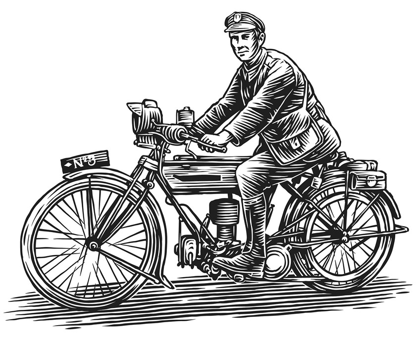 illustration of motorbike, woodcuts, museum, exhibition, figurative woodcut, motorcycle, vintage transport, traditional woodcut, postman, vintage scraperboard