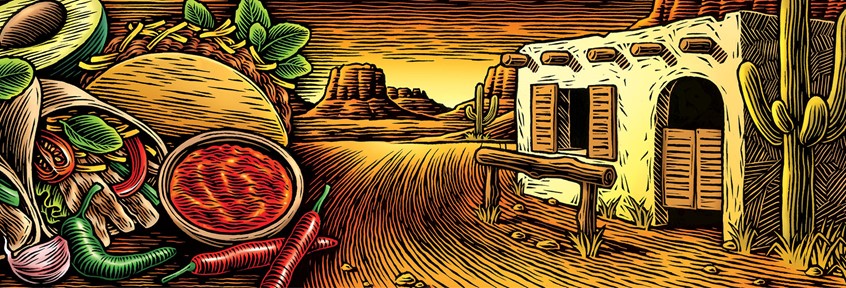 illustration of mexican food, packaging scratchboard illustration, tacos, chillies, casa, mexico, avocado, scratchboard building, desert, scraper board food, cactus, colour scratchboard