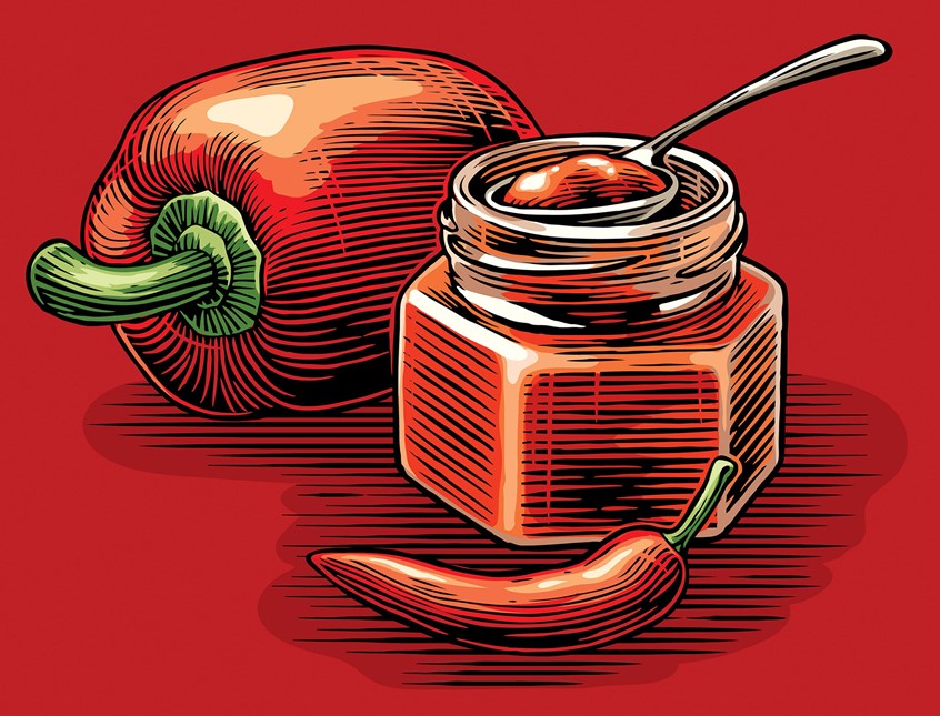 illustration of chilli scratchboard, woodcut food, chillies, potato chip packaging, food packaging, teaspoon, colour scraperboard, pepper, capsicum, sauce jar, chilli sauce
