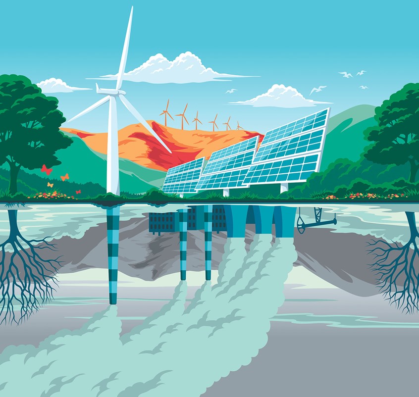illustration of climate change, eco, global warming, infographic, solar power, renewable energy, pollution, ecological, wind power, smoke, chimneys, factory, clouds