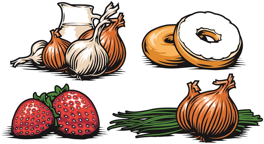 illustration of flat design food, onion, graphic food, cream cheese, packaging design, packaging food, woodcut icons, onions, garlic, milk jug, bagel, strawberry, chives, flat design