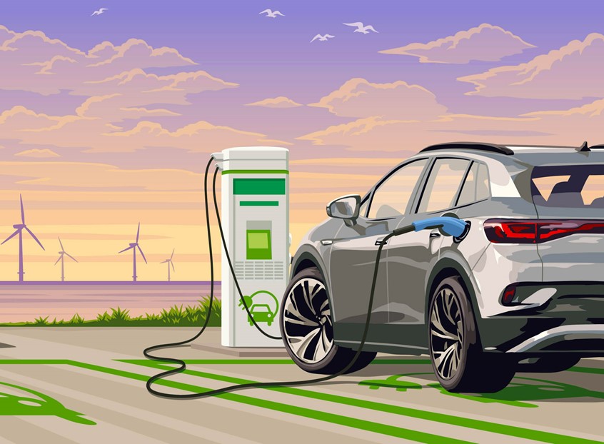 illustration of cars, ecology, net zero, global warming, windmills, charging station, vehicles, sea, clouds, sunset, green energy, environment, car park, hybrid